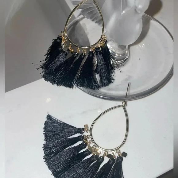 BLACK FRINGE DROP TEARDROP HOOP EARRINGS GOLD TONE FUN AND FESTIVE - Picture 9 of 10